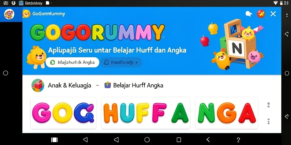 Tampilan antarmuka GOGORUMMY yang ceria dan interaktif untuk belajar huruf dan angka.